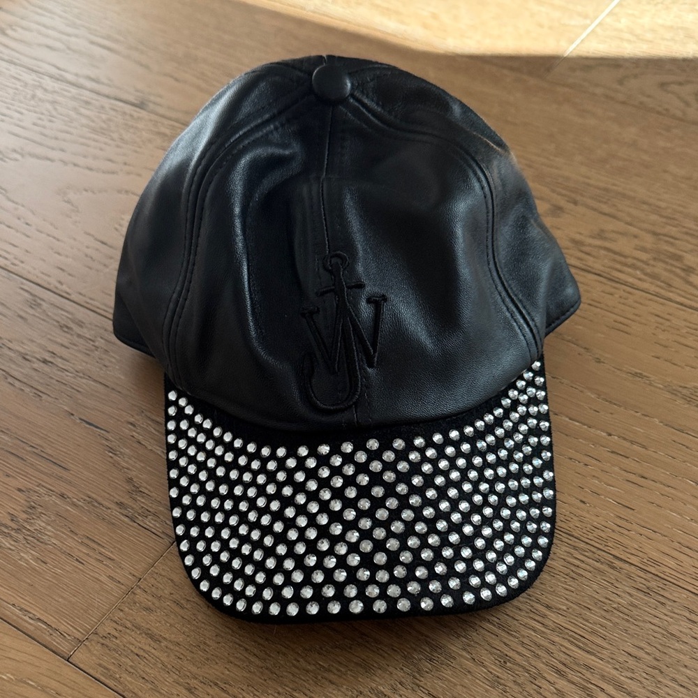 JW ANDERSON Black Leather Cap with Crystal Brim - Picture 3 of 5